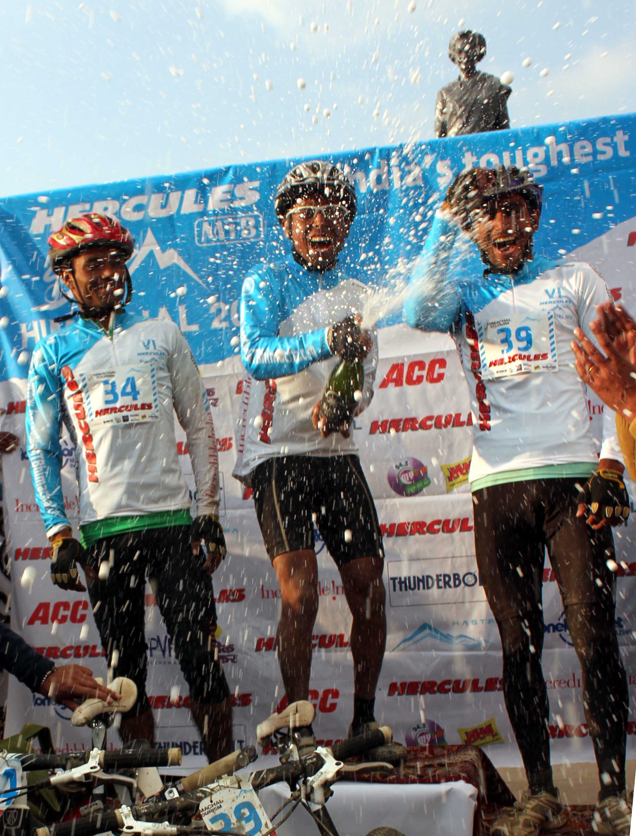 Winners celebrating their victory in the Hercules MTB Himachal 2010 athistorical Ridge in Shimla on Saturday.  Photo by: Amit Kanwar