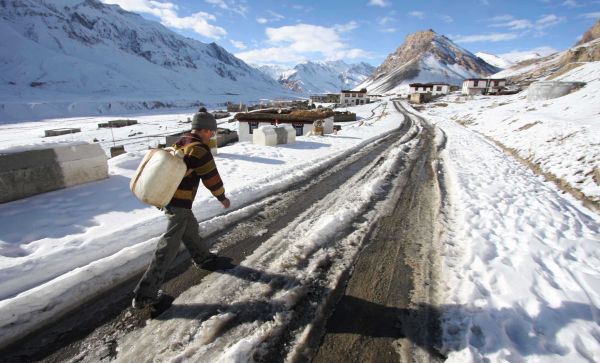 A view of snow-marooned village on the outskirts of Keylong town in Himachal Pradesh’s Lahaul-Spiti district.
