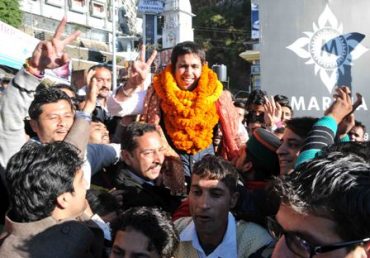 Vikramaditya in jubilant mood with his supporters after winning the youth congress poll